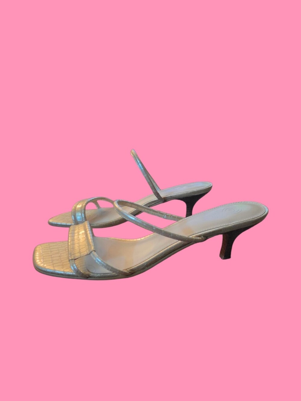 Urban Outfitters Silver Croc-Texture Strappy Kitten Heels